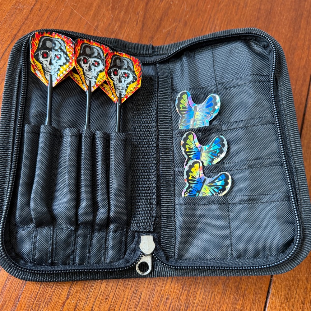 VTG Hell Razor Steel Tip Darts Set Skull Flame Flights GLD Butterfly Extras Case